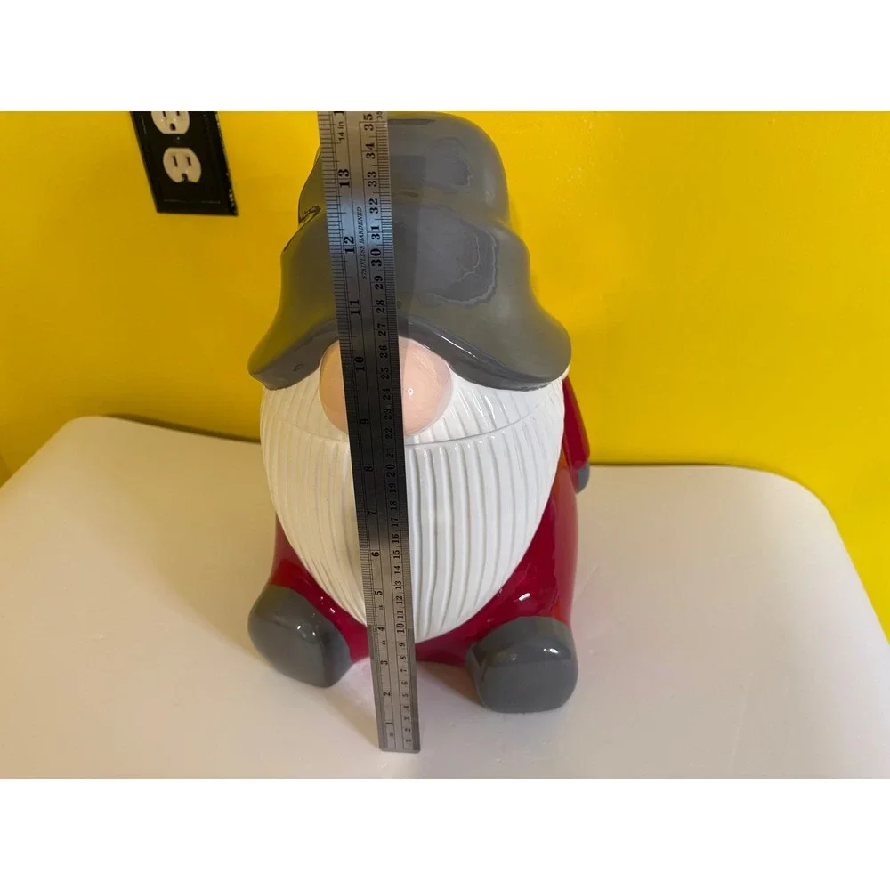 Pottery Barn Ceramic Christmas Gnome Cookie Jar Holiday Figural Red Gray Large